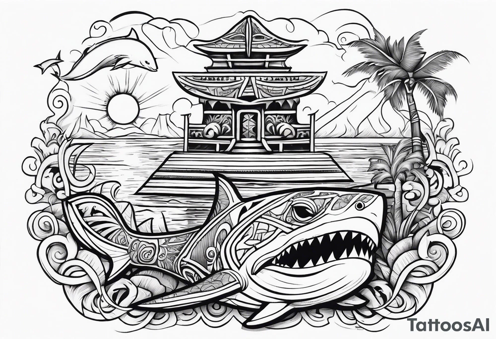 a Polynesian tiki surrounded by a shark, a turtle in an underwater ocean setting tattoo idea