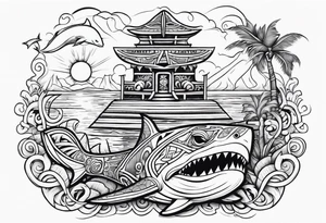 a Polynesian tiki surrounded by a shark, a turtle in an underwater ocean setting tattoo idea