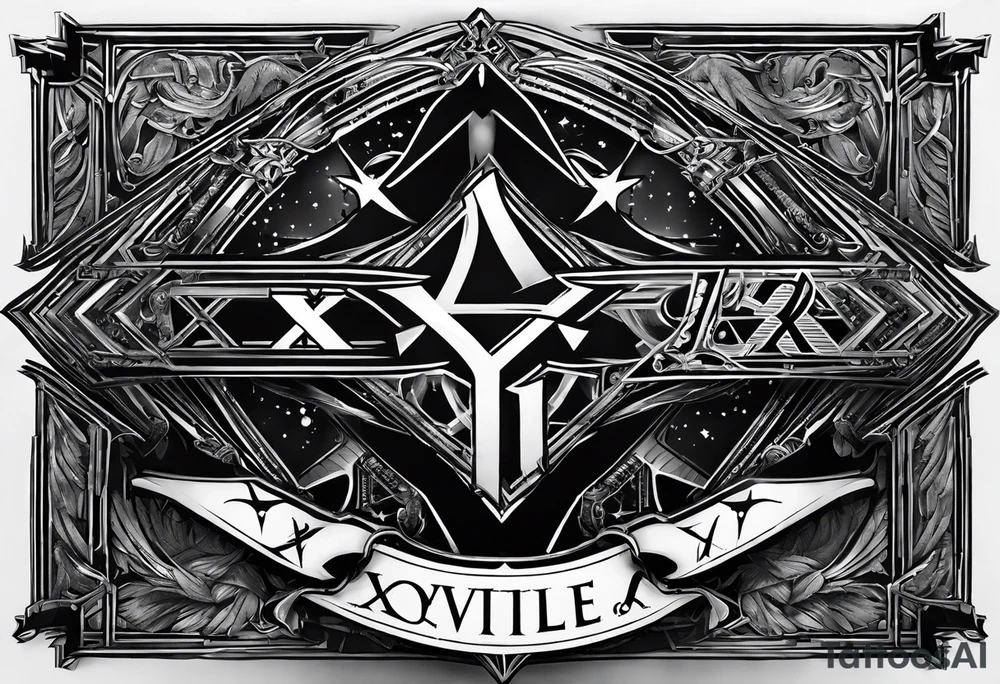 Lightsaber and a Wand from Harry Potter overlapping to make an "X" and in the spaces between the "X" put the letters A,J,L and N. tattoo idea