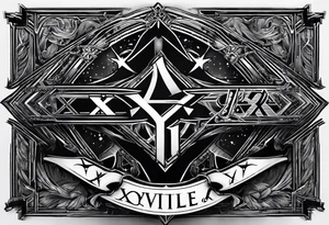 Lightsaber and a Wand from Harry Potter overlapping to make an "X" and in the spaces between the "X" put the letters A,J,L and N. tattoo idea