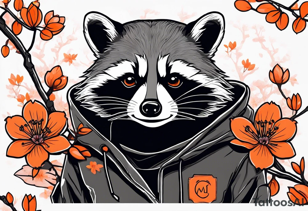 Raccoon wearing a white Superman logo on a black hoodie and orange Japanese cherry blossoms tattoo idea