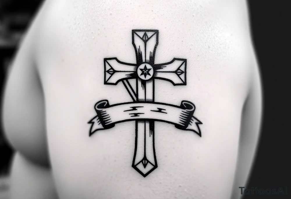 Hockey stick cross with a ribbon wrapping around it, tattoo idea