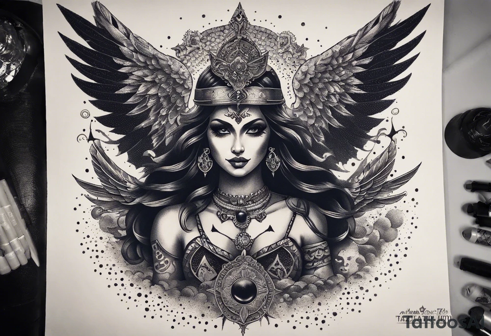 black kali, goddess pirate, alien, angel, pachamama, valkrye, warrior, flying, skull, lotus azul, wing, eagle, zenza resonance, stars, 5D, anahata chakra, death, durga, riding on a tiger, flying lady, chest tatoo tattoo idea