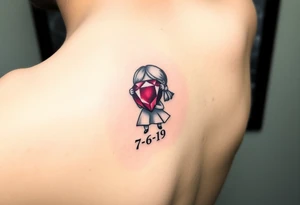Cartoon style Ruby gem stone being held by a little girl  with 7-6-19 underneath tattoo idea