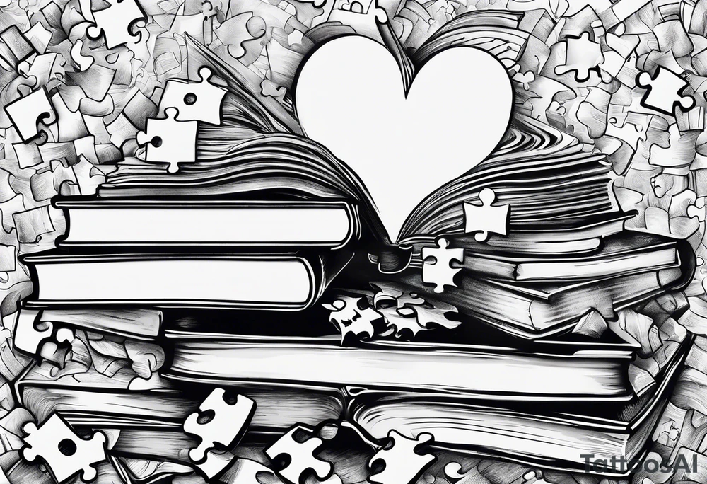 Stack of books with jigsaw puzzle pieces tattoo idea