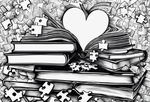 Stack of books with jigsaw puzzle pieces tattoo idea