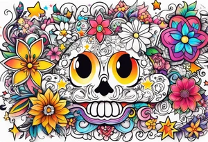 cute kawaii colorful flowers, stars, and characters tattoo idea