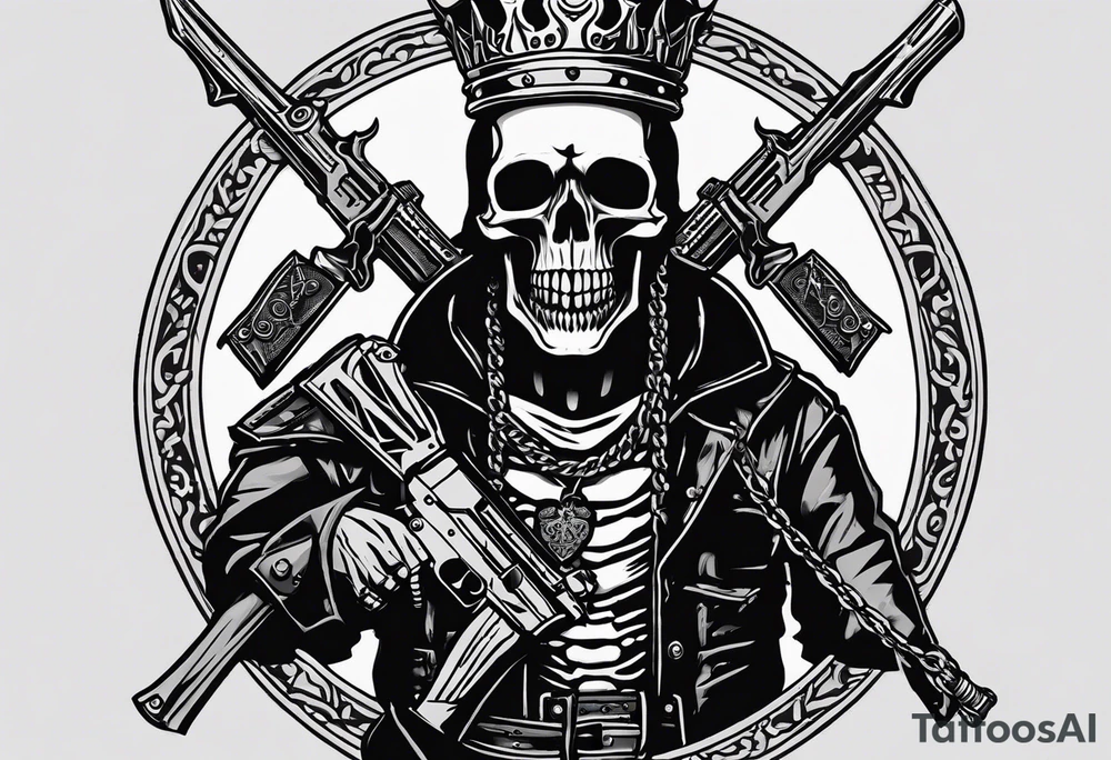 image of a skeleton standing frontally with a crown on his head, holding an AK-47 on his shoulder with his right hand. The chain on the left should be taut, there are three angry barking Dobermans in it, near the waist tattoo idea