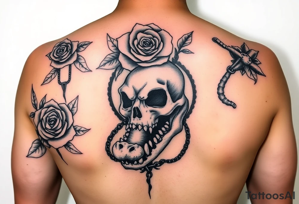 gothic fairy tale vibe we talked about: dark, thorny roses, skulls peeking through shadows, a bit of wild creature energy. Not perfect matches, but imagine tweaking 'em—rose from the eye, gator coiled like a guardian. This one's got that moody frame, vines creeping in—easy to swap in your Tudor rose and skull. Full-back chaos with skulls and chains... add the alligator jaws clamping down, and boom. tattoo idea
