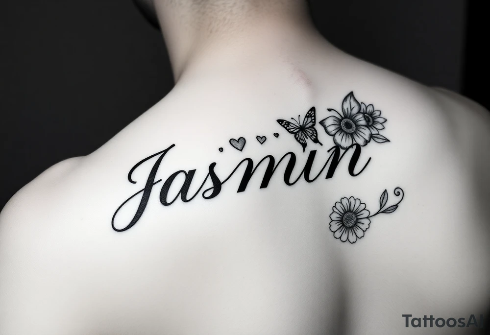 I NEED THE NAME JASMIN, THE DOT IN THE LETTER I TO BE A HEART, AND  BUTTERFLIES AND SUNFLOWERS AND SOME ROSES. I WANT THE ROSES TO UNDER THE TOP PART OF THE LETTER “J” AND FOR THE SUNFLOWERS, I WANT THOSE TO BE UNDER THE LETTER “N”, I WANT 2 ROSES AND 3 SUNFLOWERS. I want it to be on the right side of my chest, and for it to be in cursive tattoo idea