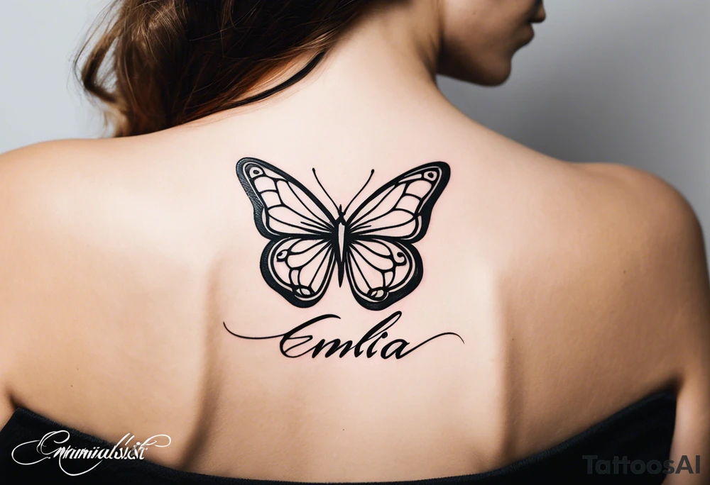 A minimalist butterfly tattoo that incorporates the name Emilia in cursive line art tattoo idea