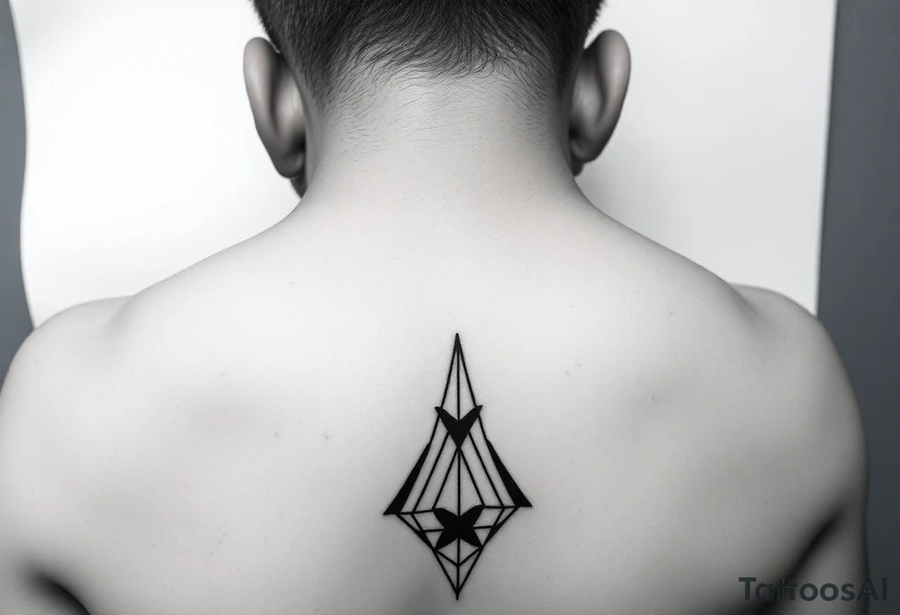 I want a portrait of Ryan Ashely’s face in line work style black. Geometric  with the middle bottom going down to a point towards my middle finger tattoo idea