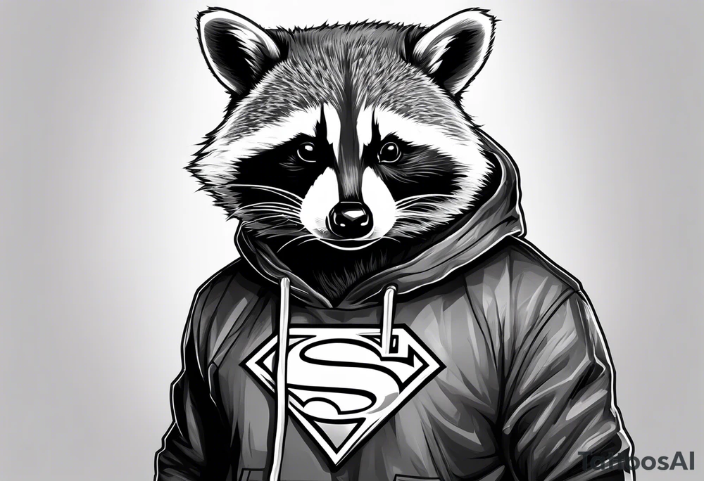 raccoon wearing a Superman hoodie tattoo idea