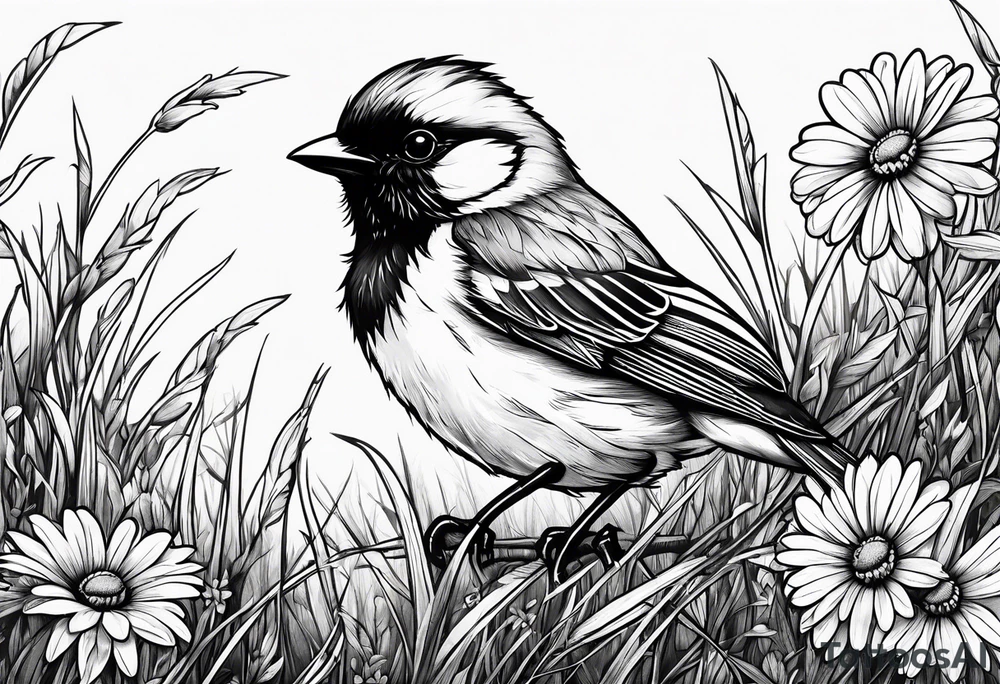 Little bird perched in grass with a daisy tattoo idea