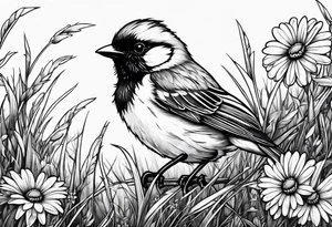 Little bird perched in grass with a daisy tattoo idea