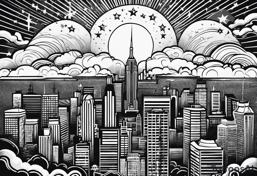 stars, clouds, city tattoo idea