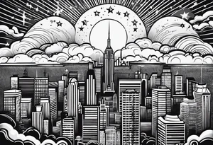 stars, clouds, city tattoo idea