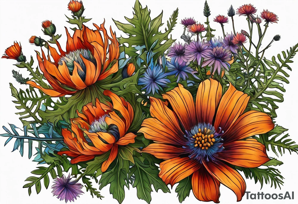 cascading mixed colored wildflowers with thistles, ferns, burnt orange flowers all in color tattoo idea