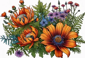 cascading mixed colored wildflowers with thistles, ferns, burnt orange flowers all in color tattoo idea