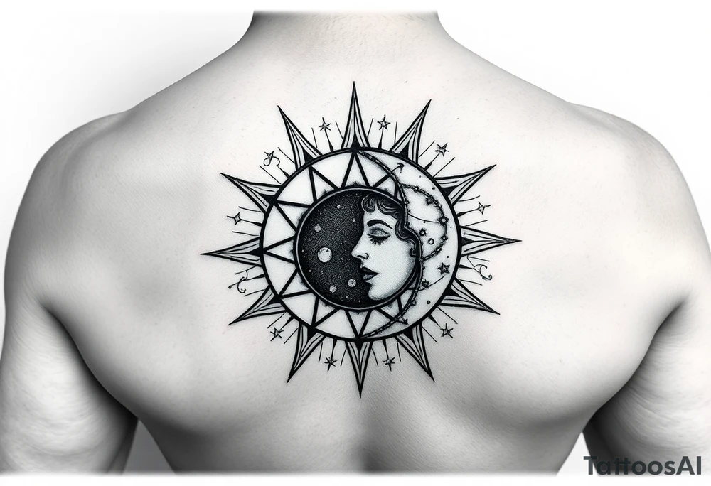 celestial sun and moon embrace with constellation patterns tattoo idea celestial sun and moon embrace with constellation patterns tattoo idea