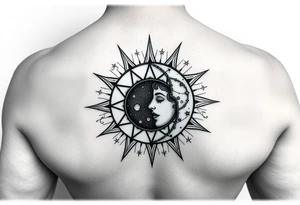 celestial sun and moon embrace with constellation patterns tattoo idea