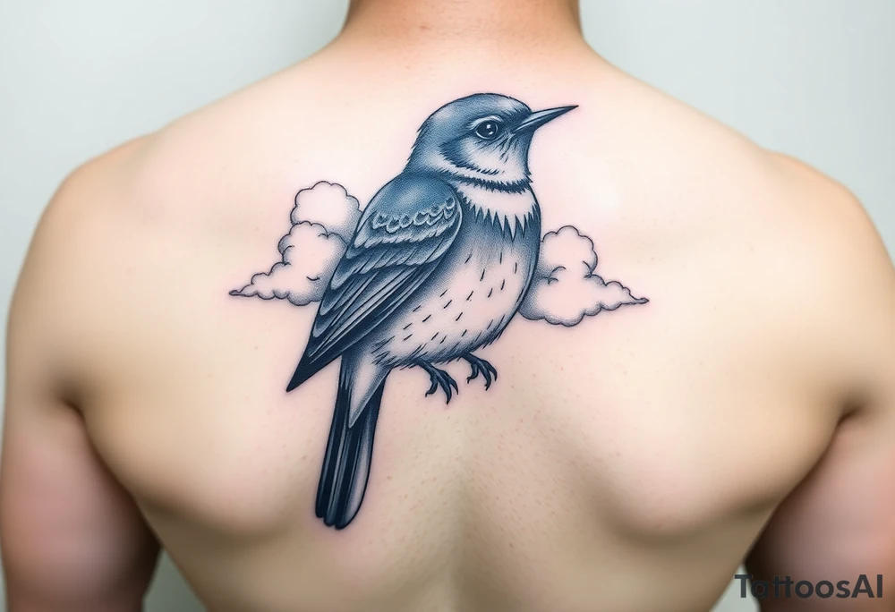 Kentucky bluebird with realistic clouds tattoo idea