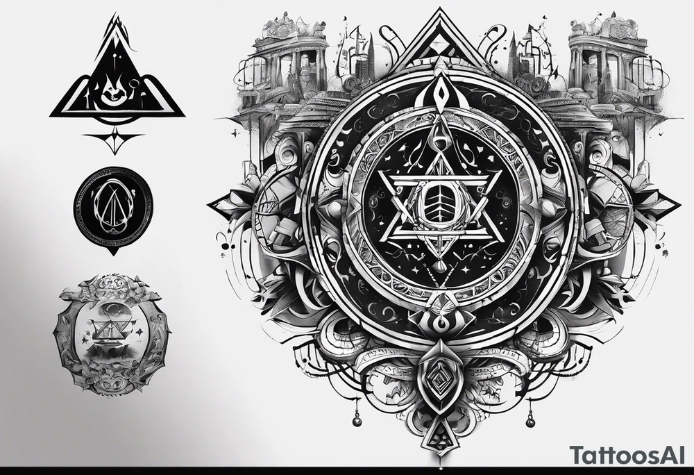 I want a mysterious enigmatic tattoo, with mysterious symbols and phrases, with the meaning of curiosity about conspiracy theories, the future, and the past, something that completes the upper part of the arm that is between the middle of the arm and the shoulder tattoo idea