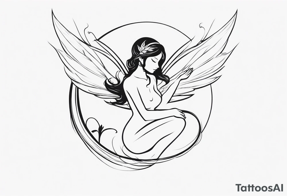 Minimalistic, monochromatic fairy with a tail flying to the left in a fetal position, leaning and looking in the same direction, with visible hands, embodying the 'Fairy Tail' logo aesthetic. tattoo idea
