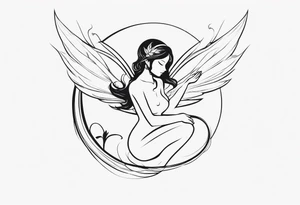 Minimalistic, monochromatic fairy with a tail flying to the left in a fetal position, leaning and looking in the same direction, with visible hands, embodying the 'Fairy Tail' logo aesthetic. tattoo idea