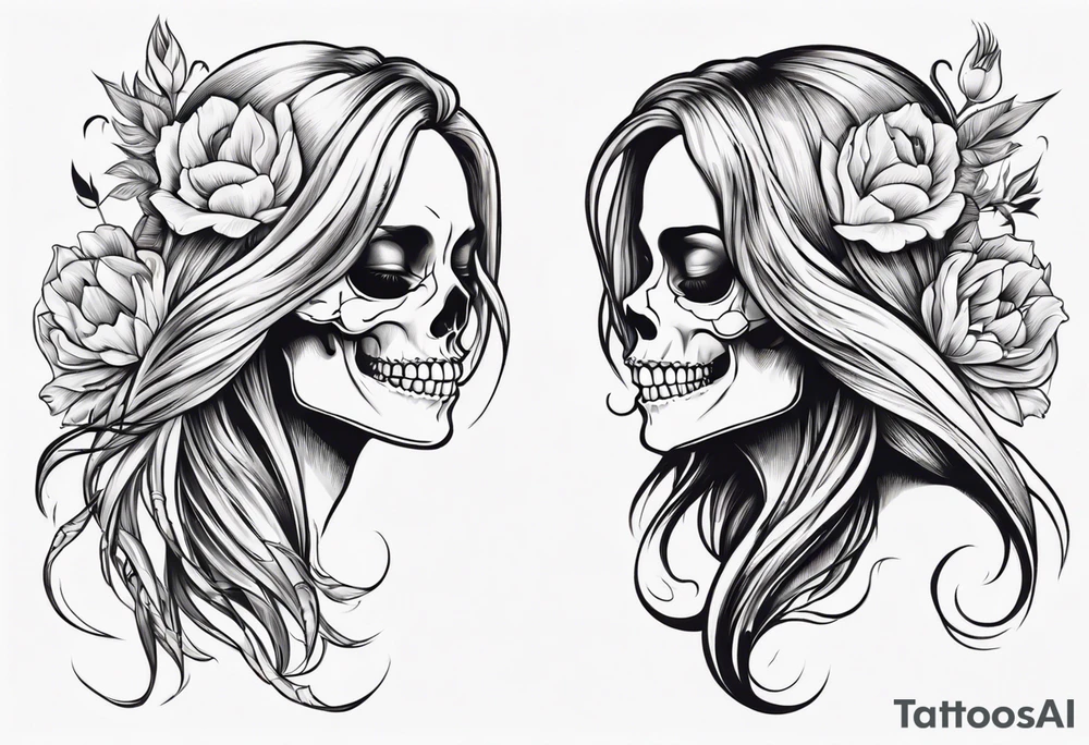 female skull with long hair, friendly smile, from side, tulip steem between teeths tattoo idea female skull with long hair, friendly smile, from side, tulip steem between teeths tattoo idea