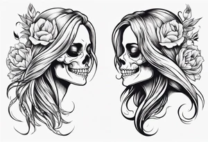 female skull with long hair, friendly smile, from side, tulip steem between teeths tattoo idea