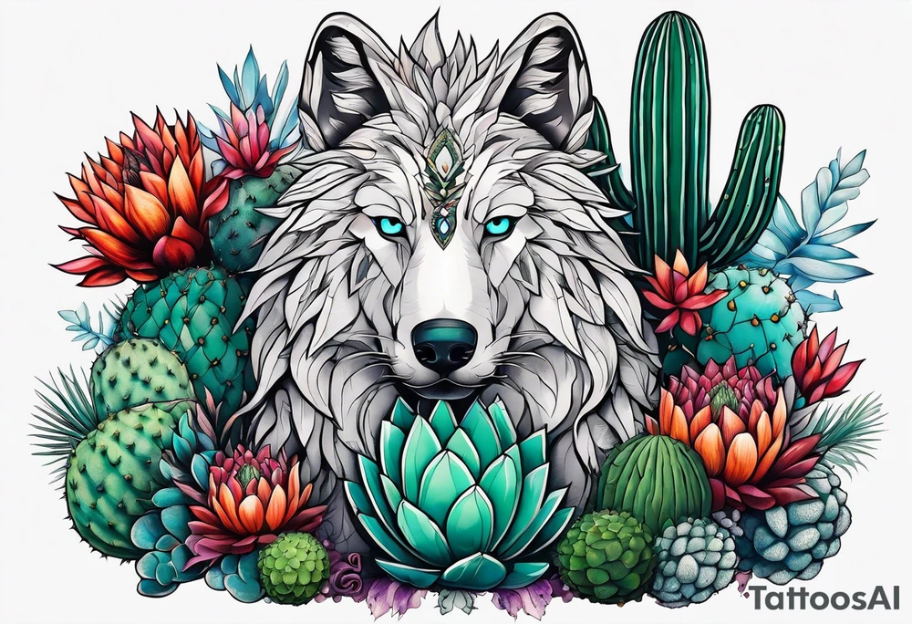 Lobo com cílios grande,  cactos e árvore sa vida tattoo idea
