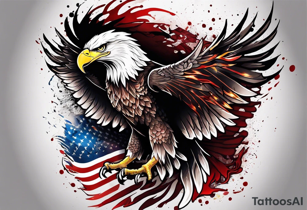 Blood covered Eagle and burning USA  flag tattoo idea