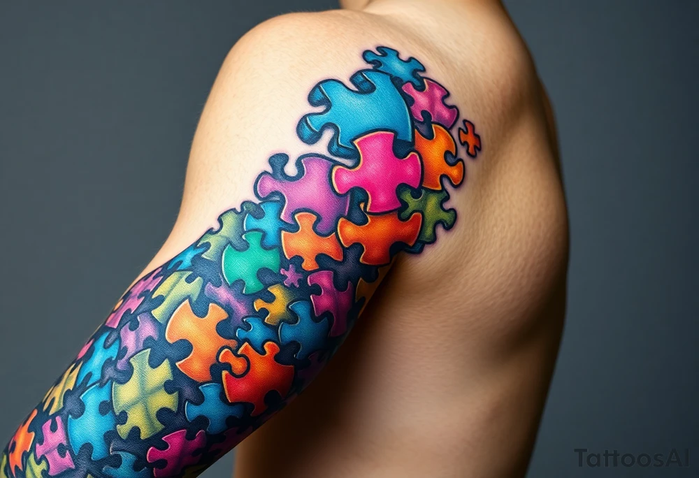 autism puzzle full color left arm sleeve completely covering full arm tattoo idea