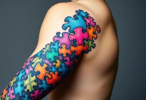 autism puzzle full color left arm sleeve completely covering full arm tattoo idea