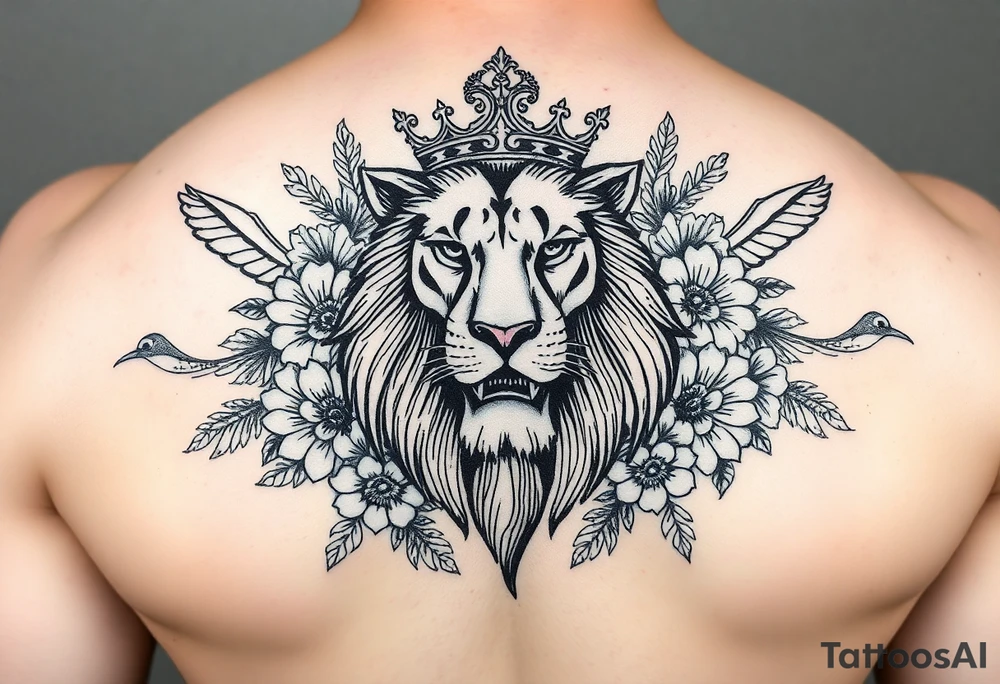 powerful majestic lion with a crown, surrounded by floral ornaments and birds tattoo idea