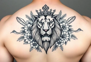 powerful majestic lion with a crown, surrounded by floral ornaments and birds tattoo idea