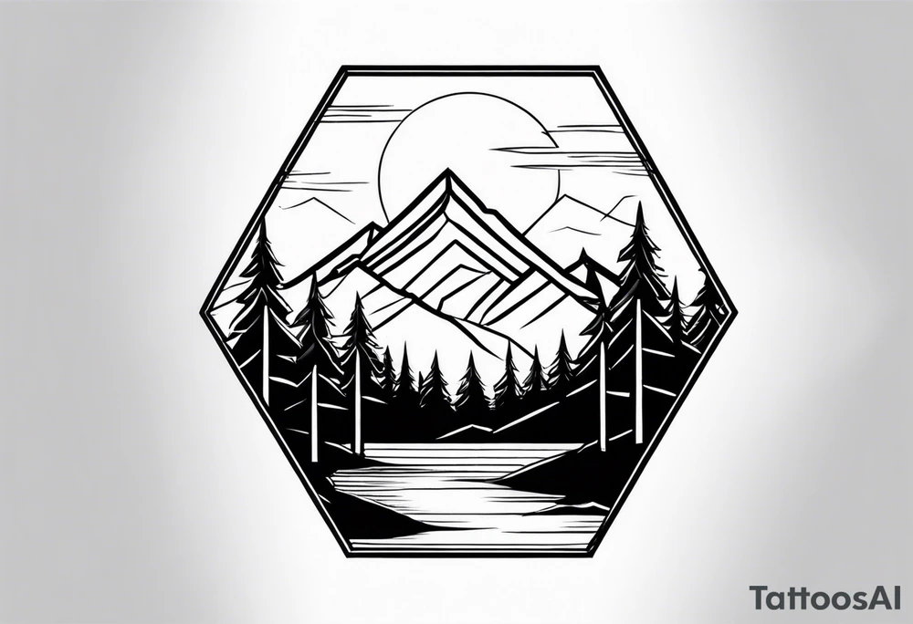 mountain with trees in an hexagon tattoo idea