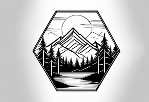 mountain with trees in an hexagon tattoo idea