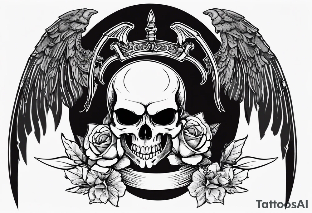 In the center is a half skull pierced by a large sword. On either side of the skull, there are spread angel wings, creating an impression of protection and majesty. Beneath the skull is a ribbon that weaves through both the skull and the sword tattoo idea