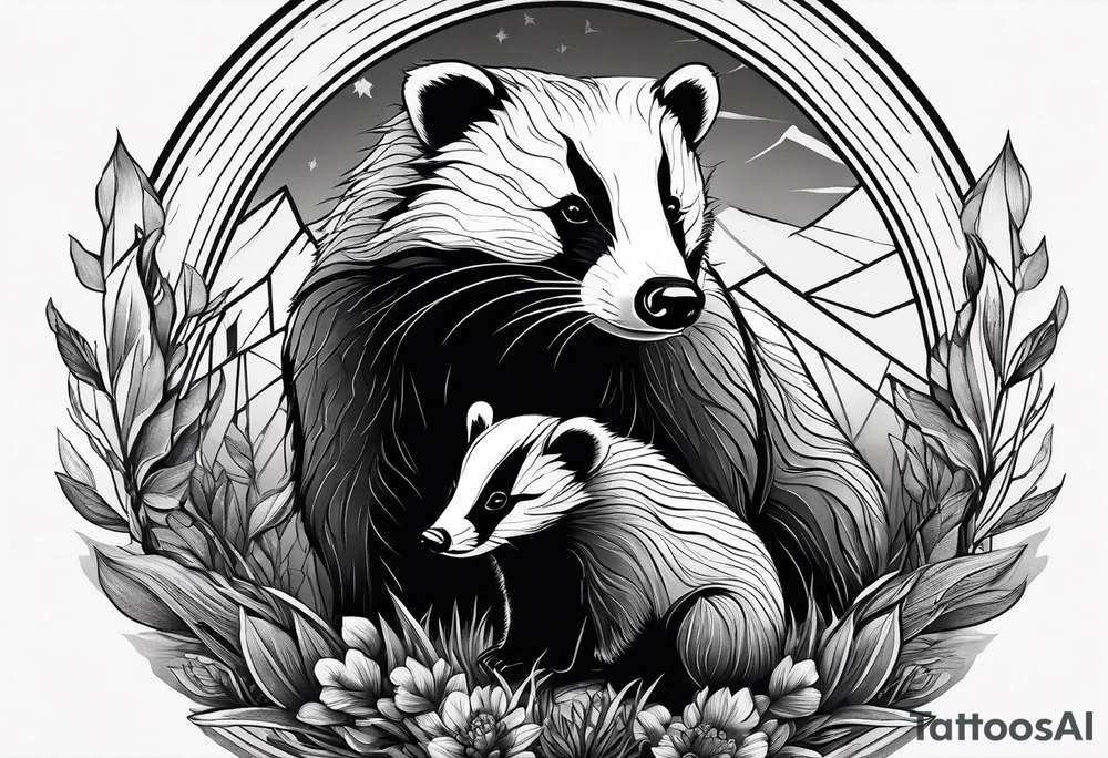 A badger with a cub in nature, realistic in center and getting more trippy towards the edges tattoo idea