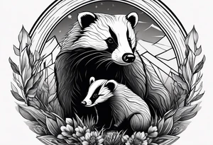 A badger with a cub in nature, realistic in center and getting more trippy towards the edges tattoo idea