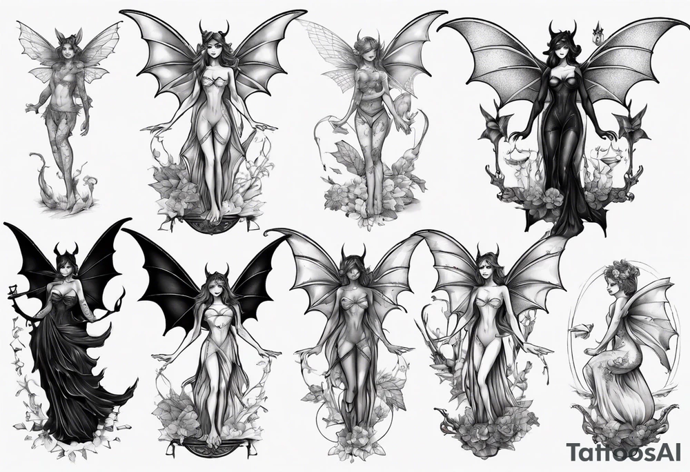 Fairy standing on top of bat tattoo idea