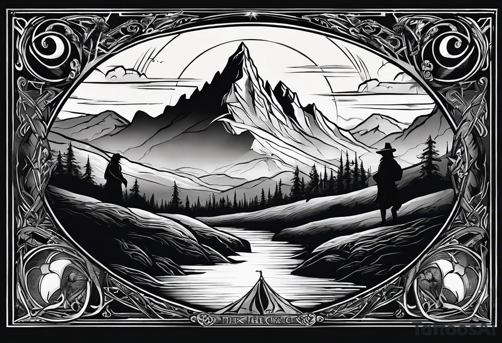 lord of the rings ring lettering with mountains above it and silhouette image of the characters on their travels through the mountains tattoo idea