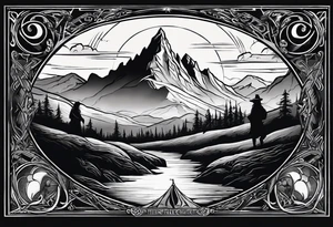 lord of the rings ring lettering with mountains above it and silhouette image of the characters on their travels through the mountains tattoo idea