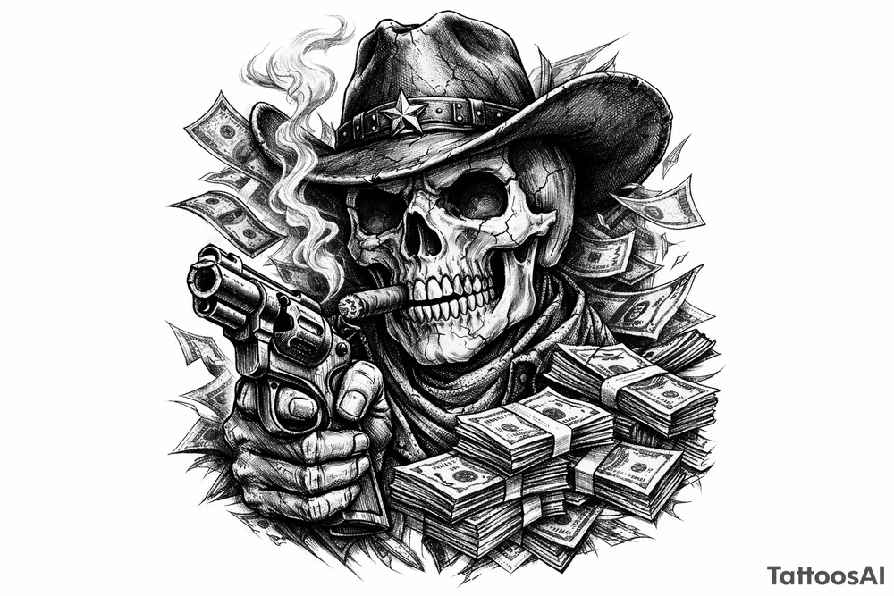 skull with cowboy-hat,cigar in his mouth and a gun in a hand surounded by money. tattoo idea