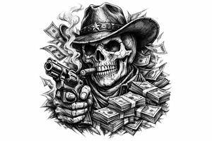 skull with cowboy-hat,cigar in his mouth and a gun in a hand surounded by money. tattoo idea