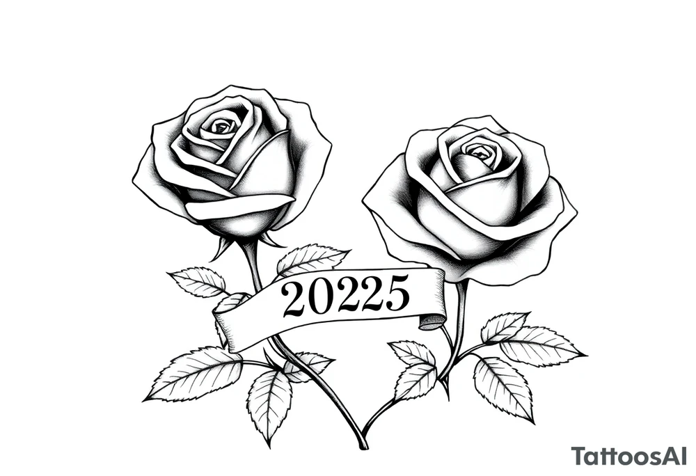 two beautiful large rose buds, one larger than the other, with many leaves next to the rose buds, with one sitting higher than the other. Include a banner connecting the two roses with the year "2025" on it.   Use dark outlines with little shading. The two stems should be short, not long, and connect and join into one stem, whimsically curved or twisted - not straight down. tattoo idea