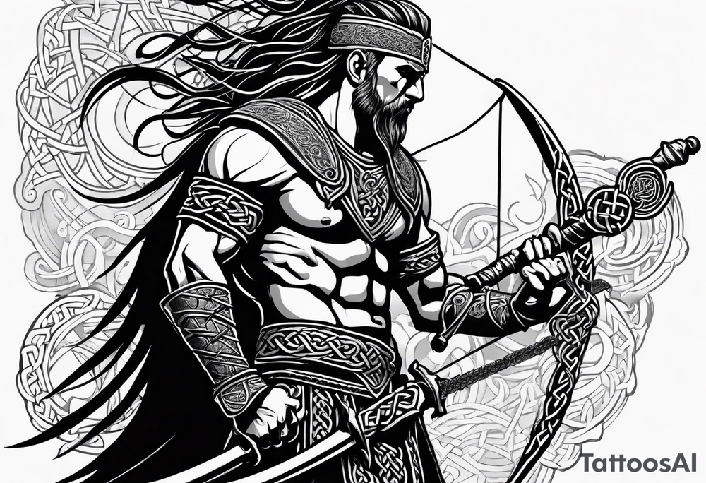 Full body side profile of a Celtic warrior with weapons. Background of Celtic symbols tattoo idea