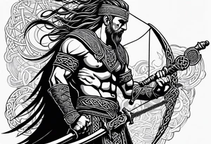 Full body side profile of a Celtic warrior with weapons. Background of Celtic symbols tattoo idea